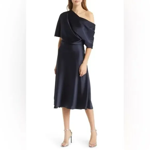 Amsale NAVY One Shoulder Fluid Satin Cocktail Midi Dress, NWT, Size 4 - Picture 13 of 13